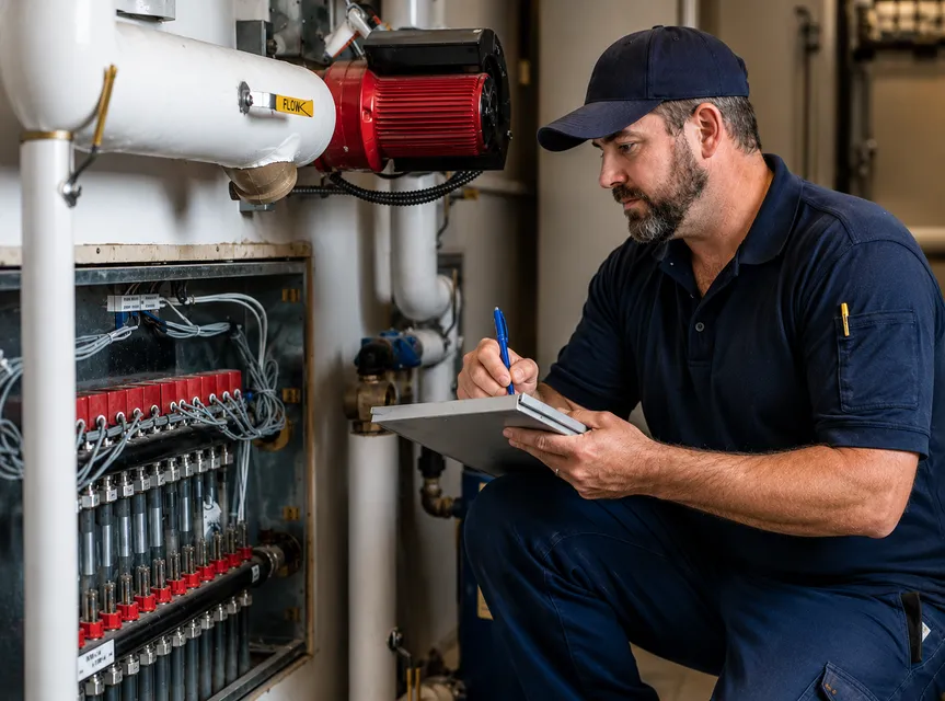 Technician inspecting HVAC equipment and taking notes on a clipboard beside open machinery.