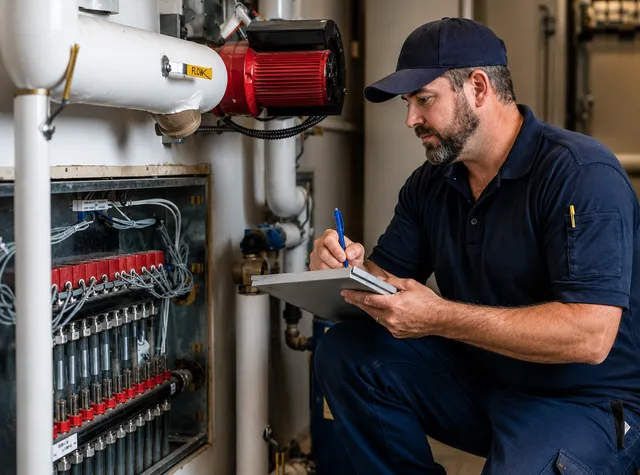 Technician inspecting HVAC equipment and taking notes on a clipboard beside open machinery.