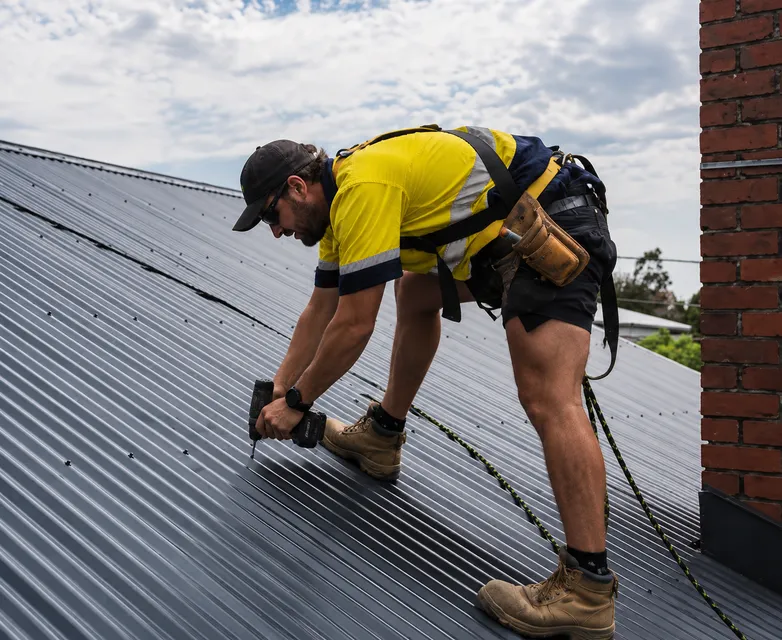 Worker in yellow shirt fastening a metal roof panel on a rooftop.