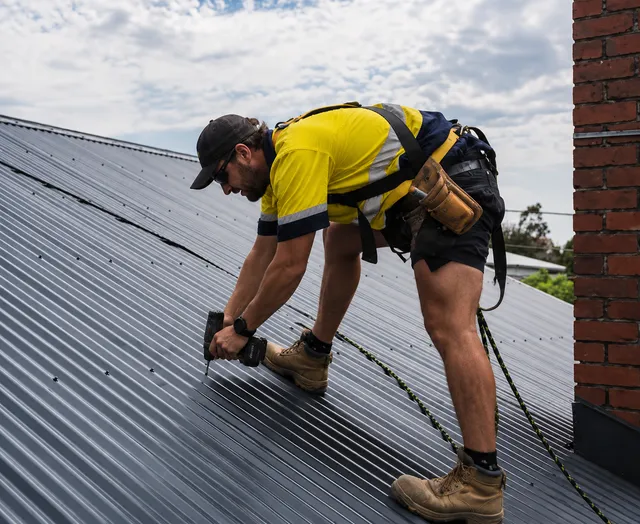 Worker in yellow shirt fastening a metal roof panel on a rooftop.