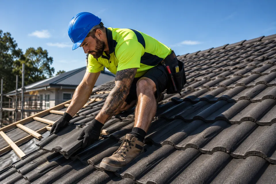 Worker in a blue hard hat and neon vest installing roof tiles on a sloped roof.