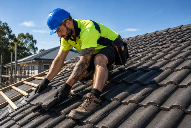 Worker in a blue hard hat and neon vest installing roof tiles on a sloped roof.