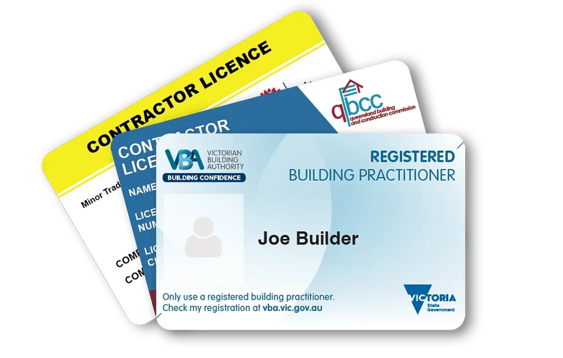 Overlapping contractor and builder license cards, including a blue “Registered Building Practitioner” card.