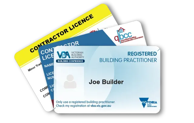 Three stacked contractor licence and registered building practitioner cards with blue and yellow accents