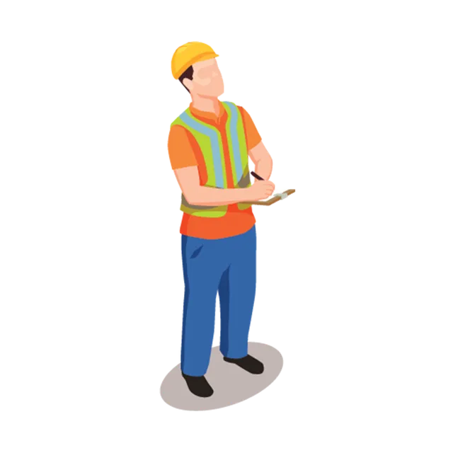 Construction worker in a hard hat and safety vest holding a clipboard and looking upward