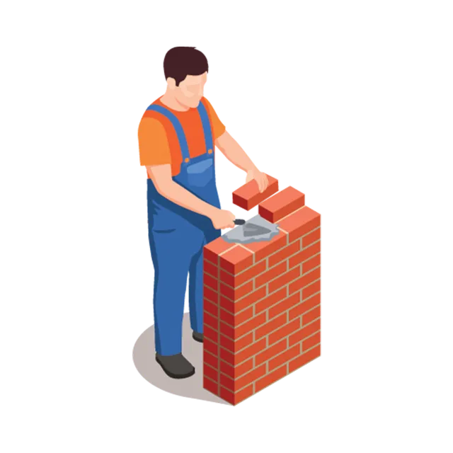 Mason in blue overalls laying bricks on a brick wall with a trowel