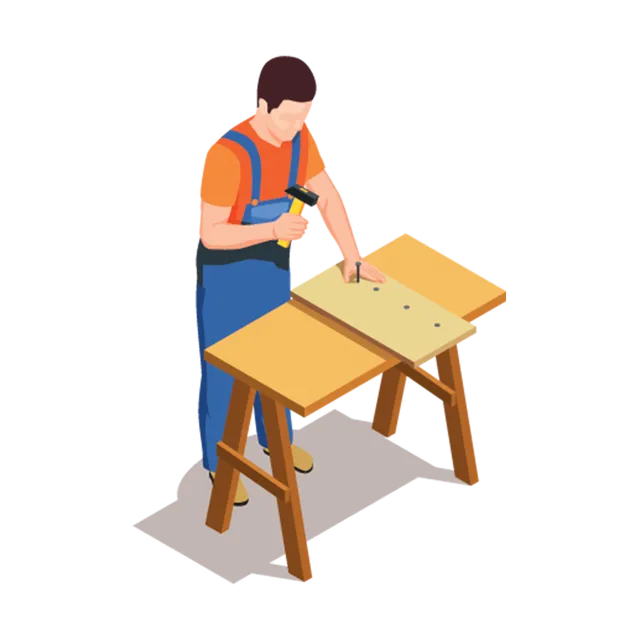 Worker in blue overalls using a power drill on a wooden workbench.