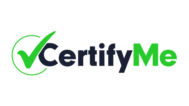 CertifyMe logo with green checkmark and dark blue and green text on white background