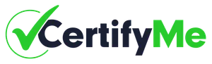 CertifyMe logo with green checkmark and black-and-green text on a white background