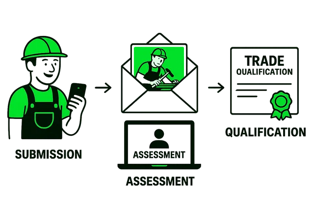 Green worker icon with submission, assessment, and trade qualification icons in a process flow.