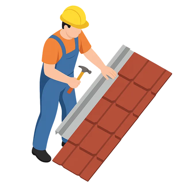 Worker in orange shirt and blue overalls hammering roof tiles into place on a sloped roof.