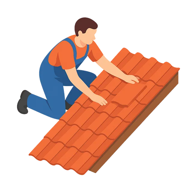 Worker kneeling on a roof, installing orange clay tiles.