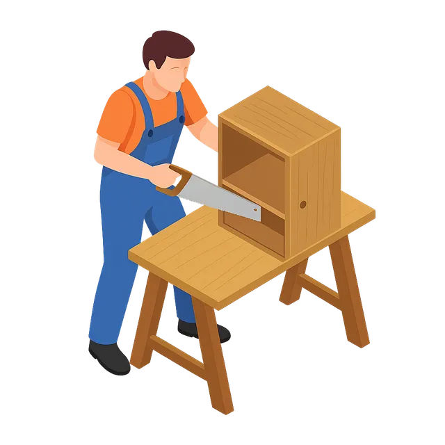 Person sawing a wooden box on a workbench with a hand saw, wearing blue overalls and an orange shirt.