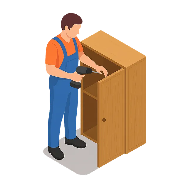 Worker assembling a wooden cabinet with a drill, wearing blue overalls and an orange shirt