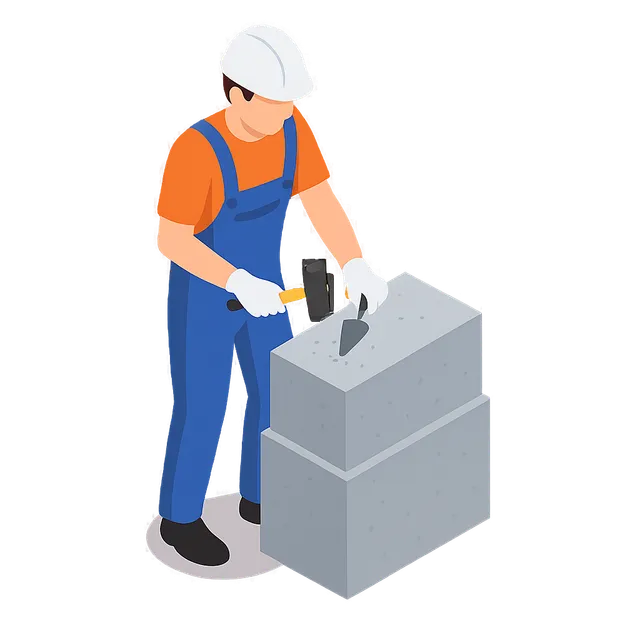 Construction worker in hard hat and gloves using a hammer on stacked concrete blocks