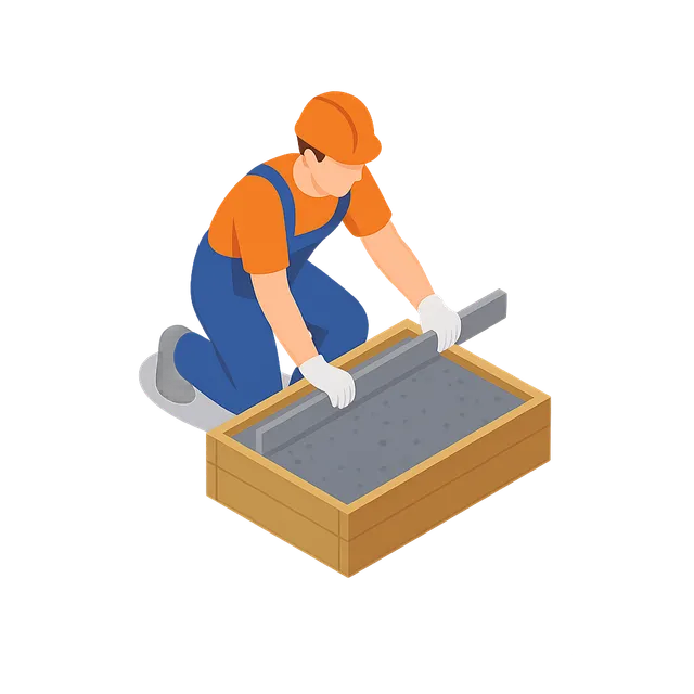 Construction worker kneeling and smoothing wet concrete in a wooden frame with a trowel