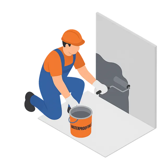 Worker in blue overalls and orange cap painting a wall with gray paint from a bucket