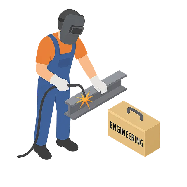 Welder in orange shirt and blue overalls welding steel beam beside a box labeled “ENGINEERING”