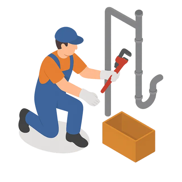 Plumber in blue overalls kneeling beside pipes, using a wrench near an orange toolbox.
