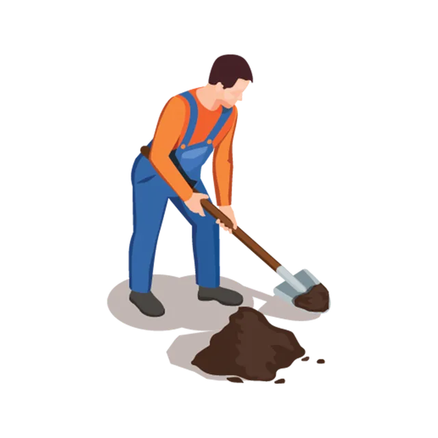 Worker in orange shirt and blue overalls shoveling dirt into a pile