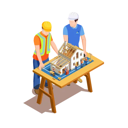 Two workers inspecting a house model on a table, wearing hard hats and safety vests