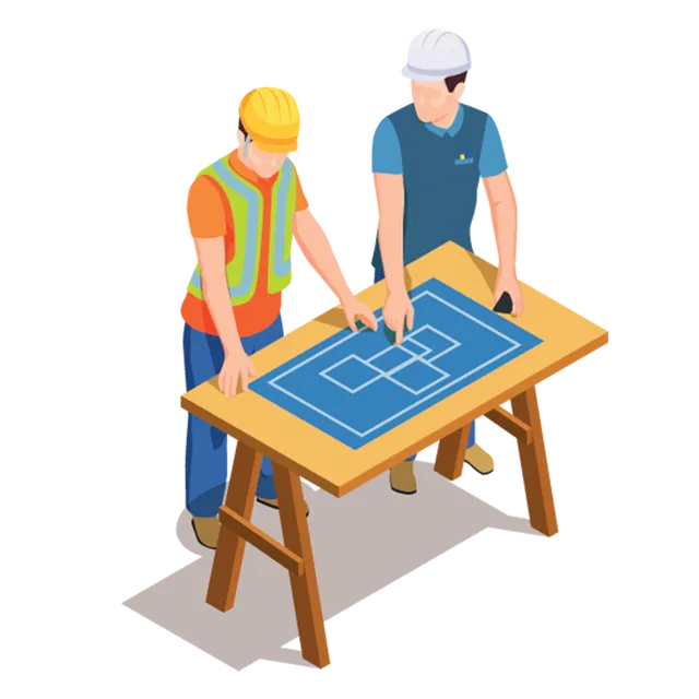 Two construction workers in hard hats reviewing blueprints on a worktable.