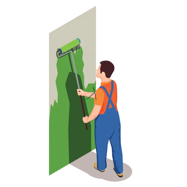 Worker painting a green wall with a paint roller and brush