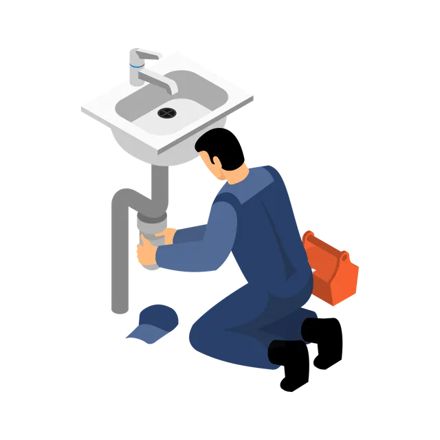 Plumber kneeling under a sink, repairing a gray pipe with a red toolbox nearby.