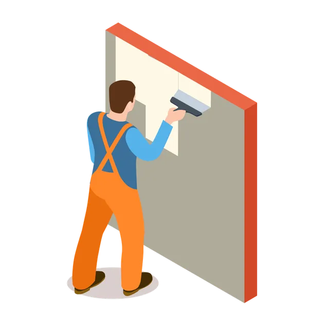 Worker painting a wall, wearing blue shirt, orange overalls, and white cap.