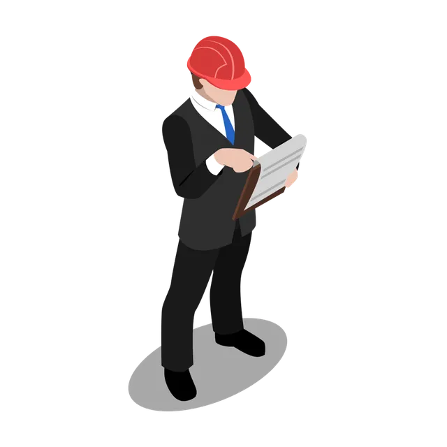 Person in a red hard hat and suit reviewing a clipboard on a white background